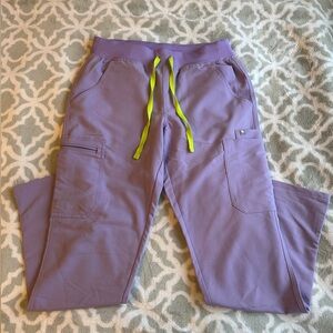 FIGS Lavender Cargo Scrub Pants with Neon Yellow Drawstring
